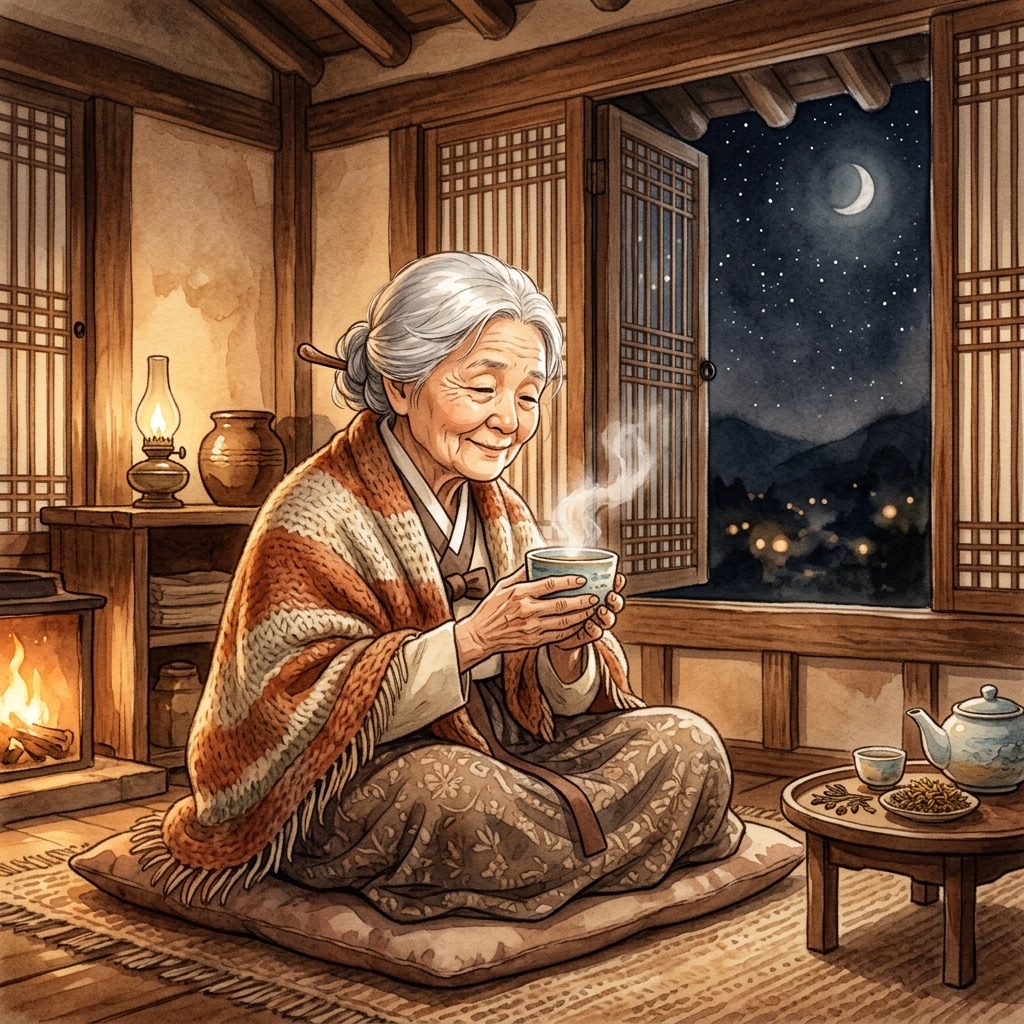 The Cosmic Grandmother holding a warm bowl of tea